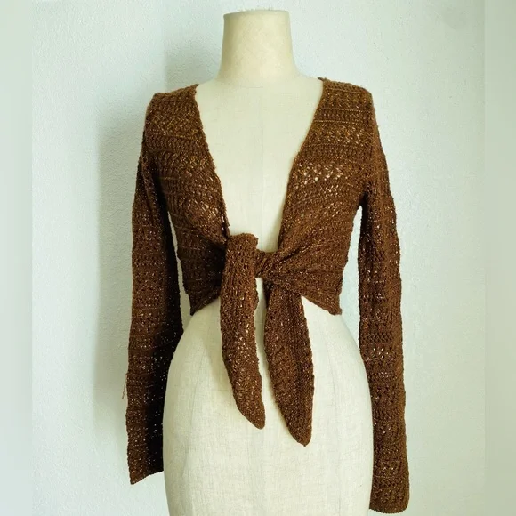 Tie-Front Sweater-Knit Bolero Top Y2K 90s Brown Metallic - Picture 10 of 11